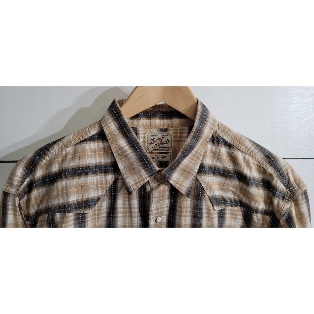 Lucky Brand Dungarees Men's Retro Western Pearl Snap Brown Long Sleeve Shirt XL